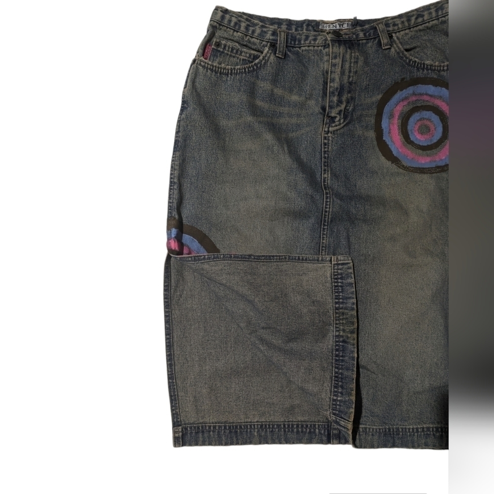 Vintage 90s Lady Enyce Denim Midi Skirt Y2K Painted Graphic Streetwear Size 8 - Picture 4 of 6